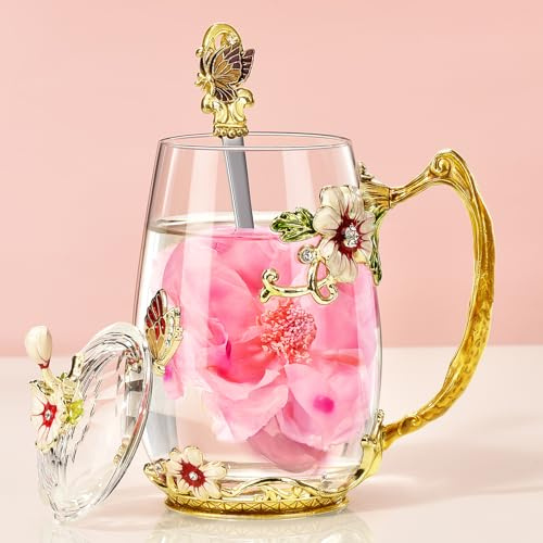 Wisolt Birthday Novelty Gifts for Women Ladies Christmas Gifts for Mum Grandma Flower Glass Tea Cup with Spoon and Lid