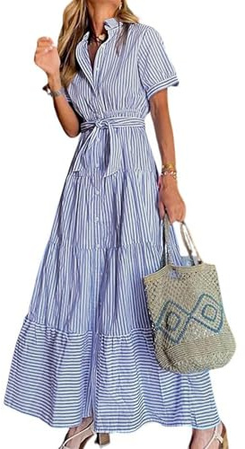 utcoco Womens Casual Short Sleeve Button Down Tie Waist Ruffled Striped Maxi Shirt Dress (X-Small, Blue)