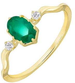 KnBoB 9 Karat Gold Ring für Damen, Chalzedon mit Zirkonia Vintage Zierlich Echtschmuck Edelstein Trauringe Größe 62 (19.7)