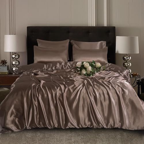 ROOEE Silk Satin Duvet Cover with Pillowcases Bedding Set for Single Double King Size Bed Easy Care Luxury Ultra Soft Quilt Cover (MINK, Double)