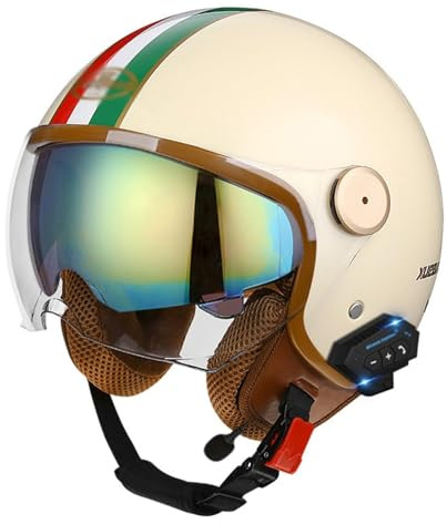 Bluetooth Vintage Open Face Motorcykelhjälm med dubbla solskydd 3/4 tysk stil Jet-hjälm Skalkeps for vuxna män kvinnor ECE-godkänd sommarmotorcykelkrockhjälm(Color:A,Size:XL(61~62CM))