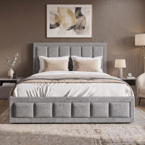 Blisswood Ottoman Double Bed Frame, 4ft6 Double Upholstered Ottoman Bed, UKFR Linen Fabric Ottoman Storage Bed With Gas Lift End Opening Wooden Slats With Storage Bed (4ft6 Double, 145 x 204 cm)