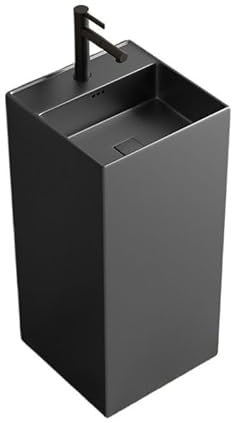 Standwaschbecken Quadratisches Badezimmerwaschbecken mit Keramiksockel, bodenmontiertes Waschtischwaschbecken mit Überlauf und Abtropffläche, Wasserhahn/Spiegel/Schrank optional Standwaschbecken(B)