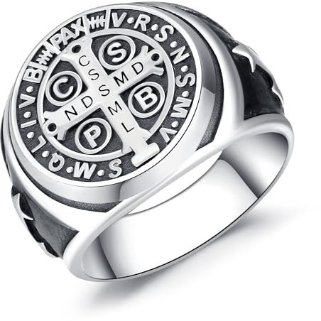 Herren Ring 925 Sterling Silber Saint Benedikt Ringe Siegelring Vintage Religiöser Kreuz Ring für Männer Damen Fingerring Schutzpatron Schmuck mit Geschenkebox