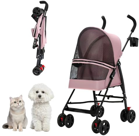 Pet Stroller for Small Dogs and Cats,CYUmail 4 Wheels Foldable Dog Stroller,Puppy Carrier for Small Dogs 0-15 lbs w/Cup Holder,Breathable Visible Mesh,Pink