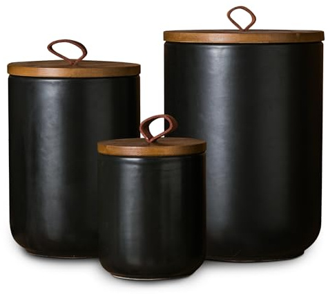 JOJUNO Black Ceramic Canister Set with Wooden Lid, 3-Piece Airtight Food Storage Jars for Kitchen Counter - Flour, Sugar, Coffee, Tea, Spice - Small, Medium, Large Sizes