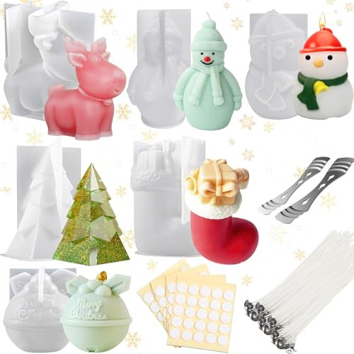 TZEKING 218 PezziStampi In Silicone Per Candele Natale Set,6 Stampi per Candele in Silicone+200 Stoppini+2 Supporti+10 Adesivi,Natale Stampi in Silicone,Stampi in Silicone di Natale