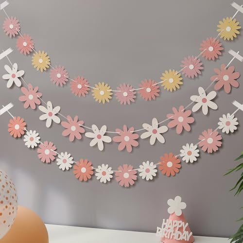 3 confezioni di banner rosa a margherita, per compleanno dei bambini, decorazione unica per fiori e margherite, decorazione retrò bohémien, decorazione per feste di compleanno
