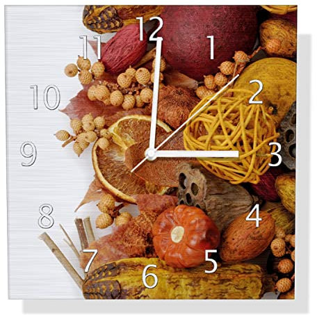 Wallario Design Wanduhr Herbststimmung - Trockenfrüchte, Nüsse und Samen - Herbstdeko aus Aluverbund, Alu-Uhr Größe 30 x 30 cm, weiße Zeiger mit Metalloptik