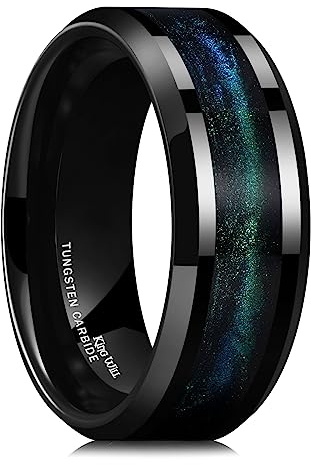 King Will Ehering aus Wolframkarbid für Männer – 8 mm schwarzer, hochglanzpolierter Ehering mit blau-grünem Sand-Inlay für den Alltag, bequemer Sitz für Herren, Größe 59.4 (18.9)