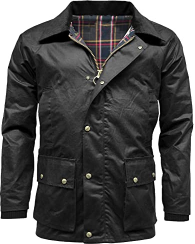 Giacca cerata da uomo Barker con cappuccio staccabile e fodera in tartan, per adulti, vintage, a maniche lunghe, con cerniera e borchie, Nero , S