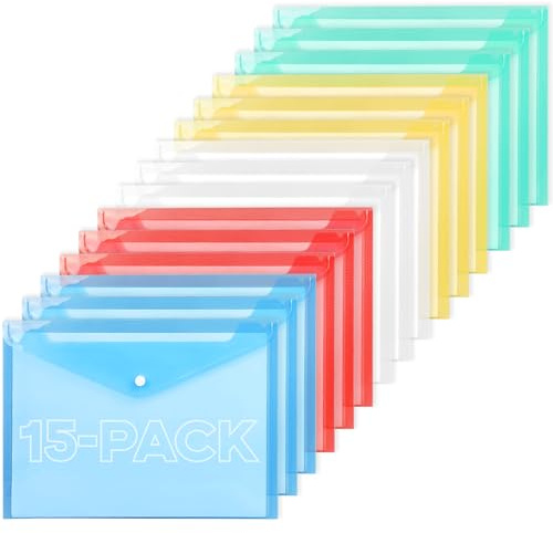 15-Pack A4 Plastic Wallets, Transparent Assorted Colors A4 Popper Wallets - Ideal Office File Organizer File Storage, Waterproof a4 Document Folder - Essential Document Organizer