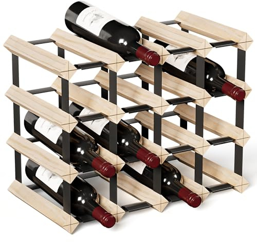Urban Deco Classic Wine Rack,16 Bottle Pine Wood and Galvanised Metal Wine Organiser Display Rack,Freestanding Beverage Storage Shelf
