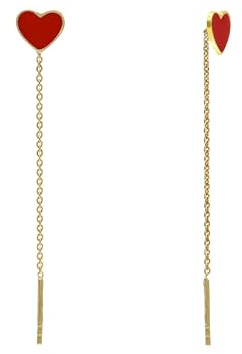 Aka Gioielli® - Pendientes Colgantes con Cadena y Corazón Rojo en Plata de Ley 925 Dorados, Pendientes de Hilo Largos para Mujer y Chica