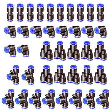 HAXIHA 40 Pièces 5/16 Connecteur Pneumatique,OD 8mm Raccord Rapide Air Comprimé,10 Straight 10 Coudes 10 Té 10 Séparateurs