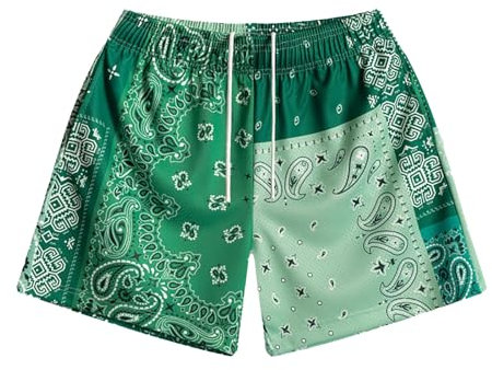 Herren Mesh Shorts Paisley Half Pants Retro Grafikdruck Herrenshorts Leichte Atmungsaktiv Basketball Shorts Hip Hop Streetwear Lässige Short Bandana Kurze Hose (Grün, M)