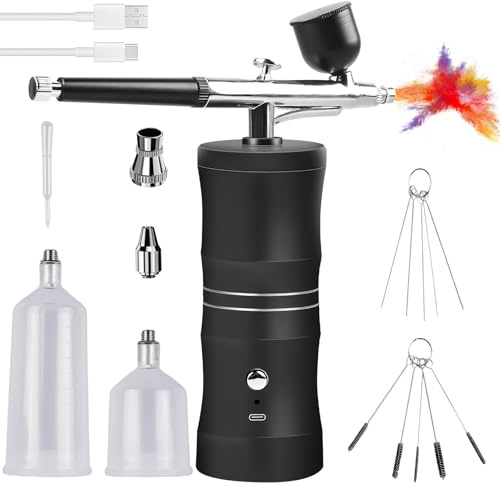 GOMETY Aerografo con compressore, kit da 34 PSI con ugello da 0,4 mm, pistola a spruzzo wireless ricaricabile per graffiti, tatuaggi, unghie, trucco e decorazione di torte.