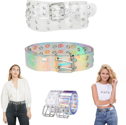 Cuicany 2 Stück Transparenter PVC-Gürtel, Vintage und Modisch PVC Transparenter Doppelter Ösengürtel, Damen Gürtel Mode Doppelter Ösengürtel, Damen Elastische Silbergürtel Für Jeans, Hosen, Rockwear