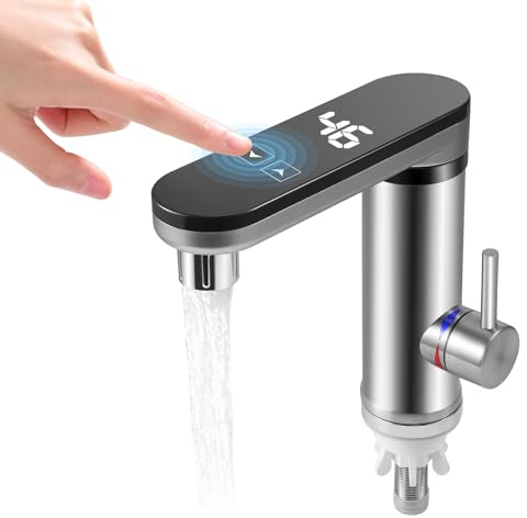 220V 3000W Touch Screen Instant Hot Water Tap, 3 Second Fast Heating Water Heater Tap with Digital Display, Stainless Steel Electric Hot/Cold Mixer Electric Faucet for Sink, 120 Degree Swivel Spout