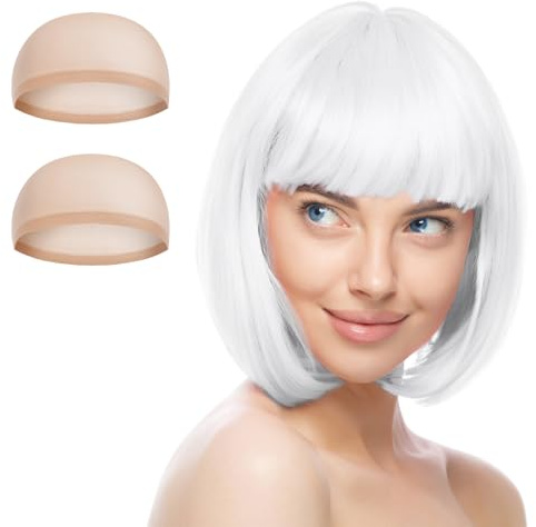 AOMIG Hjälm Peruk, Färgglad Peruk Set med 2 Hooded Parruk, Bob Cosplay Axel Peruker Teatral, Karneval, Halloween, Fest (Vit #peruk)