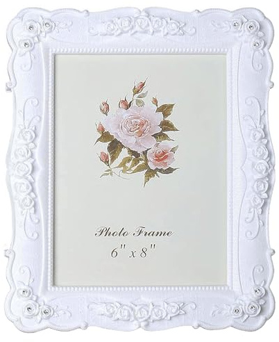 Bilderrahmen Barocke, 1 Stuck Weiß Vintage Fotorahmen, 6'' x 8'', Nostalgie Landhaus Fotoaufsteller Einzelrahmen für je 1 Foto für Tisch-, Wand- und Galerie-Hängerahmen