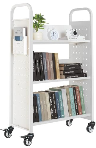 VEVOR Carro para Libros de 3 Niveles Estantería de Libros con Ruedas 77 x 38 x 122 cm Estante de Almacenamiento en Forma de V Carro Rodante para Biblioteca, Librería, Oficina, Escuela, Blanco