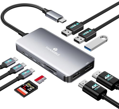 THANDBLE Estación de acoplamiento USB C de doble monitor, adaptador multipuerto USB C 10 en 1, puerto HDMI 4K, 100 W PD, SD/Micro, USB-C 3.0, USB-A 3.0/2.0, estación de acoplamiento para laptop Mac/HP