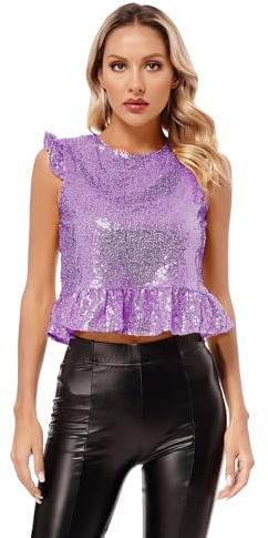 Yhong Chemise Courte Femme À Manches Volantes Déguisement Princesse Sirène Paillettes pour Carnaval Noël Halloween Haut Sportif Danse Performance