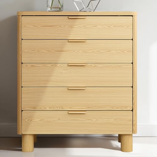 Hometopia Kommode 95 cm, 5 Schubladen mit Rillen-Design | moderner Rillen-Schubladenschrank, Natur-Eiche, 80x40 cm, für Wohnzimmer, Schlafzimmer & Flur, stabil, pflegeleicht