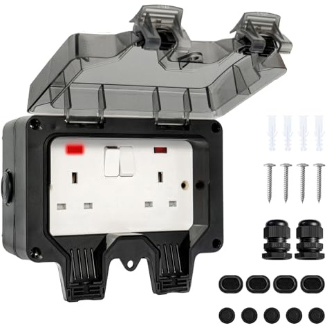 SUNNYNEST IP66 Outdoor Waterproof Socket 13A Single Unit with Switch Socket with Rain Cover Wall Power Box Suitable for Garden/Garage/Outdoor