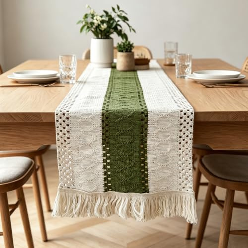 Hoypeyfiy Tischläufer Eukalyptus Grün Makramee für Boho Hochzeiten & Küchendeko, 30x140 cm Tischband im Landhausstil mit Häkelspitze für Rustikale Tischdekoration Geburtstage Partys