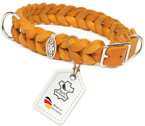 CopcoPet Hundehalsband aus Fettleder 25–29 cm x 15mm Cognac – Geflochtenes Lederhalsband – verchromt mit Dornschließe – Robust & verstellbar – Für kleine Hunde, ideal für Alltag & Training