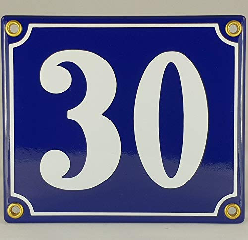 Hausnummer Emaille Schild Nr. 30 Blau-Weiß Handarbeit mit Schrauben und Dübel zur Montage