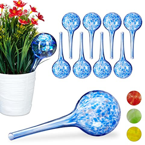 Relaxdays 10 x Bewässerungskugel im Set, dosierte Bewässerung Pflanzen u. Blumen, Gießhilfe Büro, Urlaub, Ø 6 cm, Glas, blau