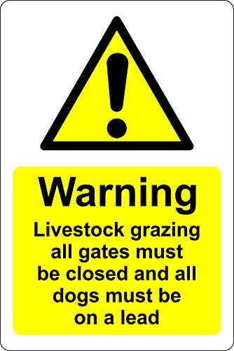 Warning livestock grazing all gates must be locked and all dogs must be on a lead Farm Safety sign - 3mm Aluminium sign 400mm x 300mm