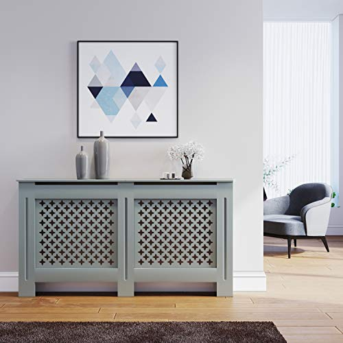 ELEGANT Large Grey Radiator Cover Cabinet with Cross Slat Design, Modern MDF Radiator Cabinet Shelf for Living Room, Hallway & Bedroom, 152 x 19 x 81 cm