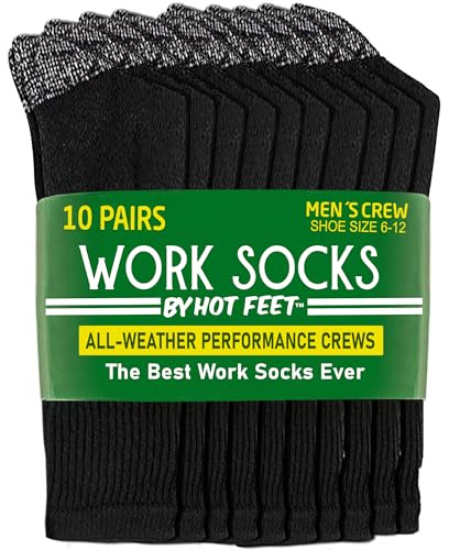HOT FEET Work Socks for Men - Long Warm Winter Boot Crew Cotton Socks, Cushioned, Moisture Wicking 10-Pack, Size 6-12.5, Black