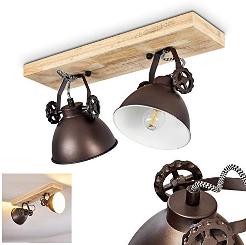 HOFSTEIN Deckenleuchte Svanfolk, verstellbare Deckenlampe aus Metall/Holz in Schwarz-Braun/Natur, Leuchte im Industrial/Vintage-Design mit Holzbalken, 2xE14, Wohnzimmer, Esszimmer, Schlafzimmer, Küche