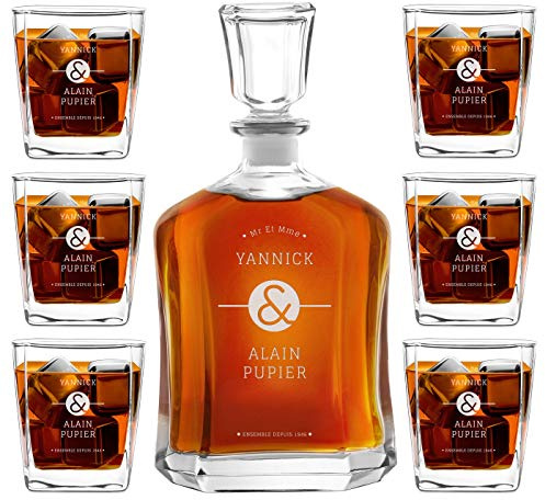 Maverton Ensemble de Carafes Personnalisés a Whisky Rhum Avec 6 Verres | Décanteur et Verres a Whisky Gravés, 700 ml Service Universel Verre Whisky et Carafe, Monogramme
