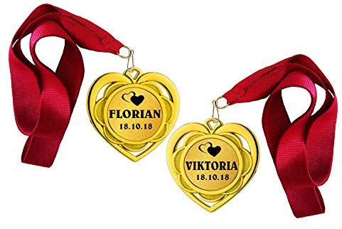 Larius 2X Medaillen Herz Personalisiert Geschenk zur Hochzeit für Paare (mit Ringen)