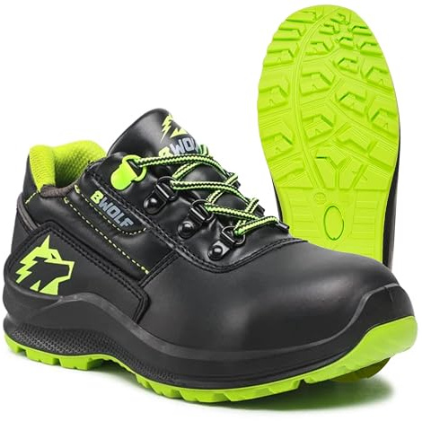 BWOLF S3 Scarpe Antinfortunistiche Uomo e Donna Scarpe da Lavoro Antiscivolo con Tecnologia Grip 4x4, Nero HI S3/Verde, 46 EU