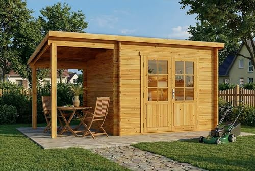 Alpholz Gartenhaus Maria 450x272cm mit Schleppdach Imprägn. Pinie 28mm | aus Holz (Nordische Fichte|Kiefer), Blockbohlenbauweise, Pultdach