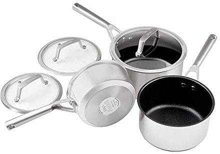 Ninja ZEROSTICK Stainless Steel Cookware 3-Piece Saucepan Set with Glass Lids, Long Lasting, Non-Stick Saucepans (16, 18 & 20cm), Induction Compatible, Oven Safe to 260°C, C63000UK