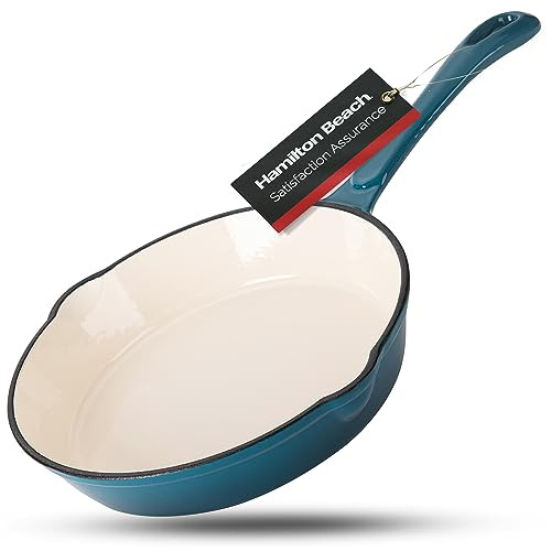 Hamilton Beach Enameled Cast Iron Fry Pan 8-Inch Navy, Cream Enamel Coating, Skillet Pan for Stove Top and Oven