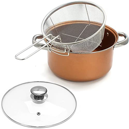 TRTO 4 in 1 Fryer Stove Top Chip Pan Deep Fat Stew Frying Basket Glass Lid Bake