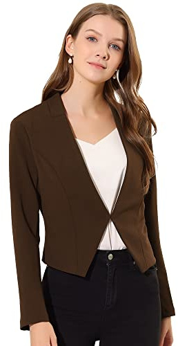 Allegra K Women's Work Office Blazer Collarless Business Casual Suit Jacket Cropped Blazer, Coffee, L