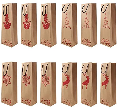 Geschenktüten Weihnachten, 12 PCS Flaschentüten Weihnachten Geschenktüten Flaschen,4 Stile Geschenktaschen Weihnachten, Geschenktüten Papier Flasche Weihnachten Wein Taschen für Wein Whisky Champagner