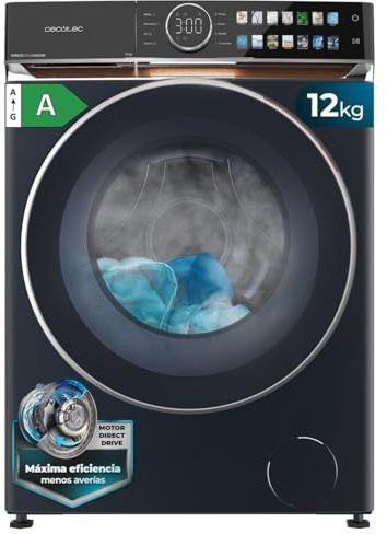 Cecotec Lave-linge 12Kg Frontal Bolero DressCode 12980 Direct Drive Blue A. 1400RPM, Moteur Direct Drive, Basse Consommation, Écran FullColor, Finitions Imitation Cuir, Porte XXL, Lumière UV et Vapeur