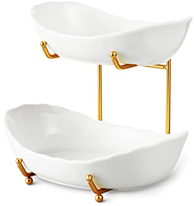HOMKULA 2 Tier Ceramic Fruit Bowl for Kitchen Counter, Tiered Fruit Basket for Countertop, Modern Multi Layer Fruit Display Stand for Party, Cute (Gold&White, Small) 1