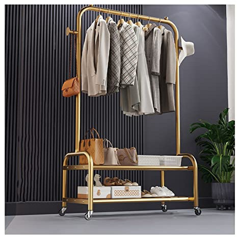 Einzelne aufgeräumte Schienen Robuster Kleiderständer aus Metall Freistehender Kleiderbügel Multifunktionaler mobiler Kleiderwagen Mit 2-stöckigen unteren Lagerregalen für Schlafzimmer ( Color : Gold